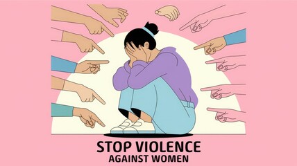 Obraz premium Woman surrounded by pointing fingers highlighting violence against women.