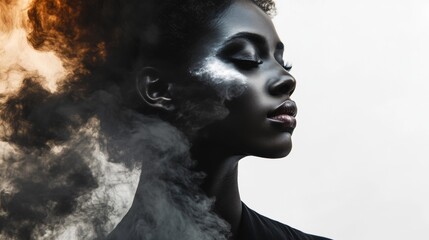 Artistic black and white portrait with textured smoke