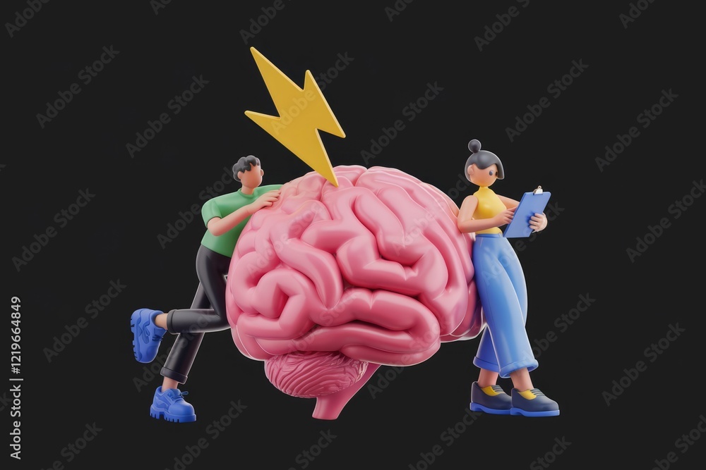 Poster two people are trying to fix a brain with a lightning bolt.