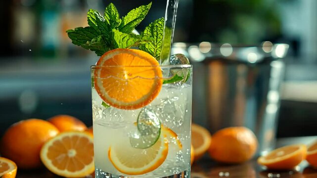 Refreshing citrus sparkling water with mint and ice in bright sunlight