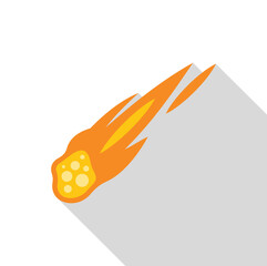 Orange and yellow meteor is burning as it flies through space, creating a long shadow