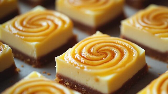 A spiral staircase-style arrangement of cheesecake slices photographed from above, creating a visually captivating pattern