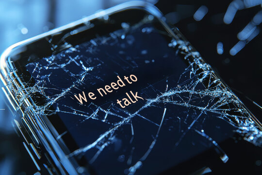 Text message on cracked screen hints at serious conversation in a dimly lit room at night