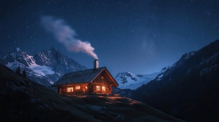 Cozy cabin in mountains under starry night sky.