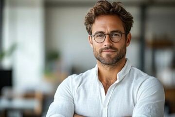 Obraz premium A person wearing glasses and a white shirt, ready for work or study