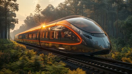 A futuristic electric train with a sleek, eco-friendly design, featuring solar panels on the roof and a streamlined body made from sustainable materials; surrounded by modern green landscapes