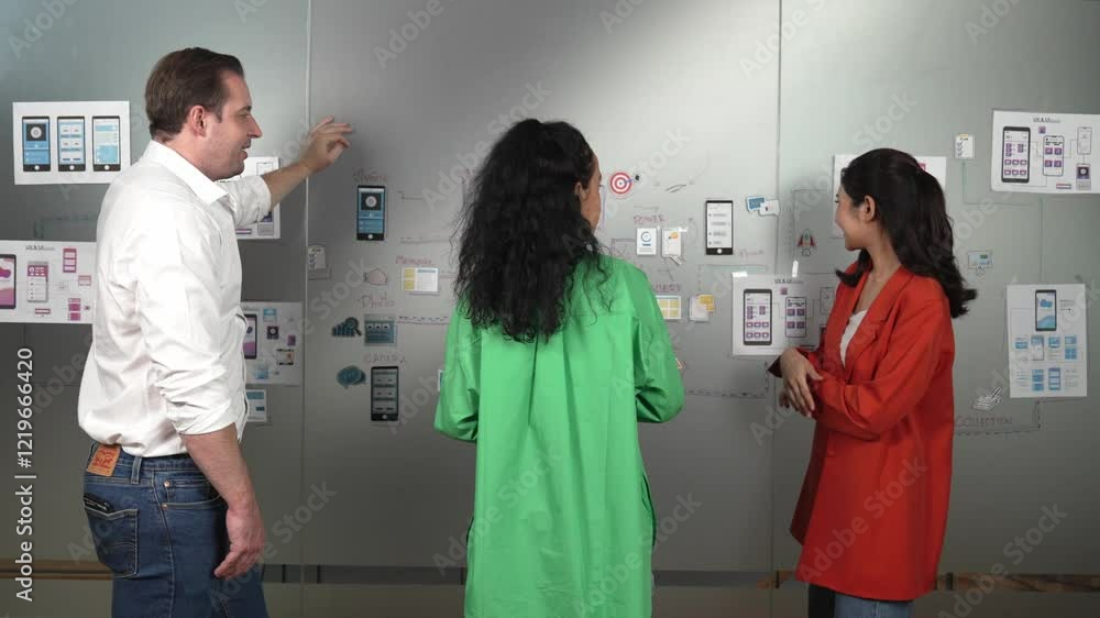 Poster professional business team share idea by using ux and ui design. group of business people brainstorm