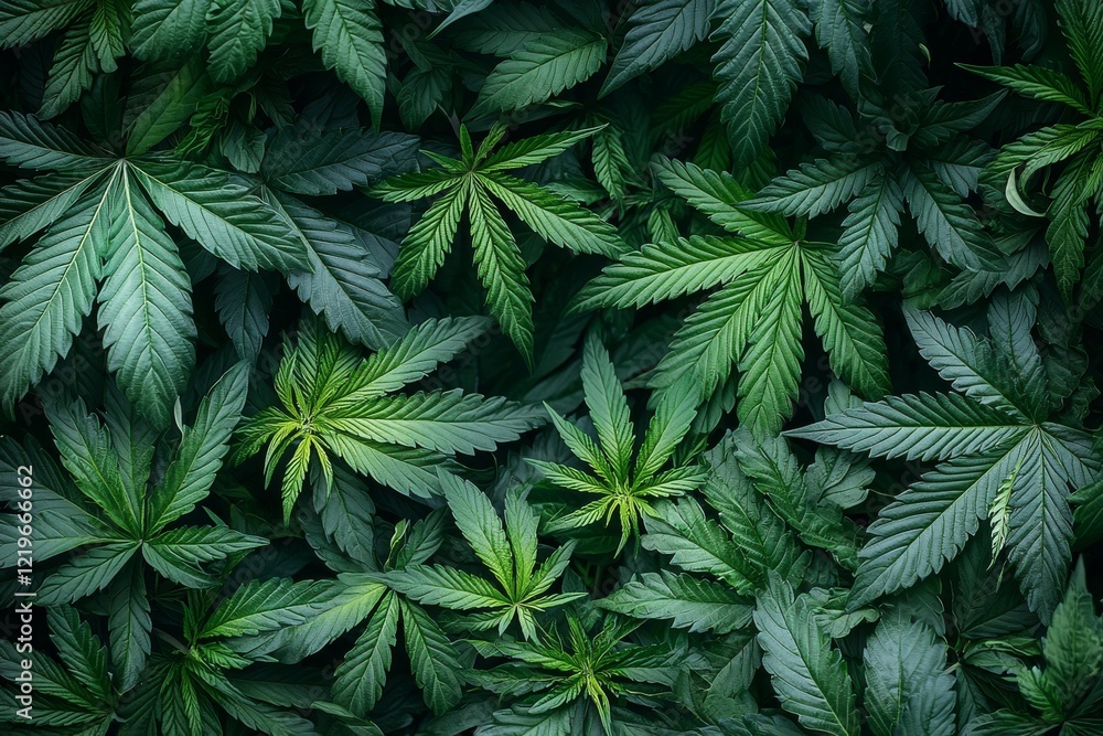 Poster an abstract image featuring an empty white frame within marijuana leaves, leaving space for text or 
