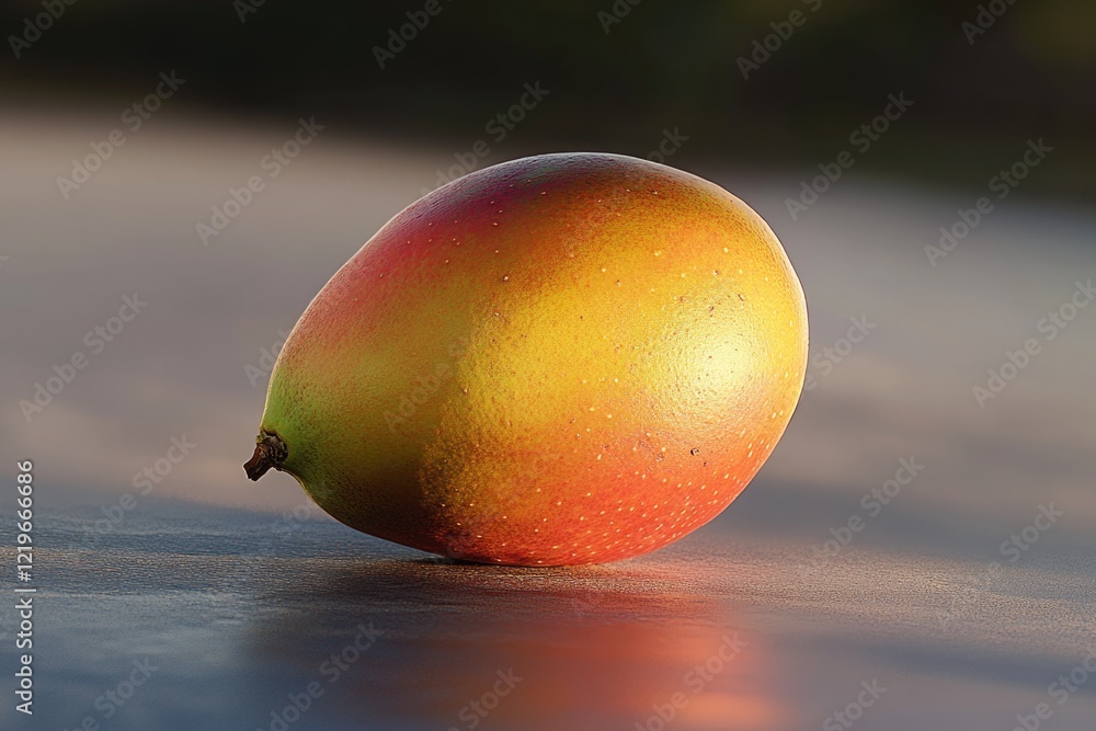 Poster a single mango fruit sitting on a table with a simple background
