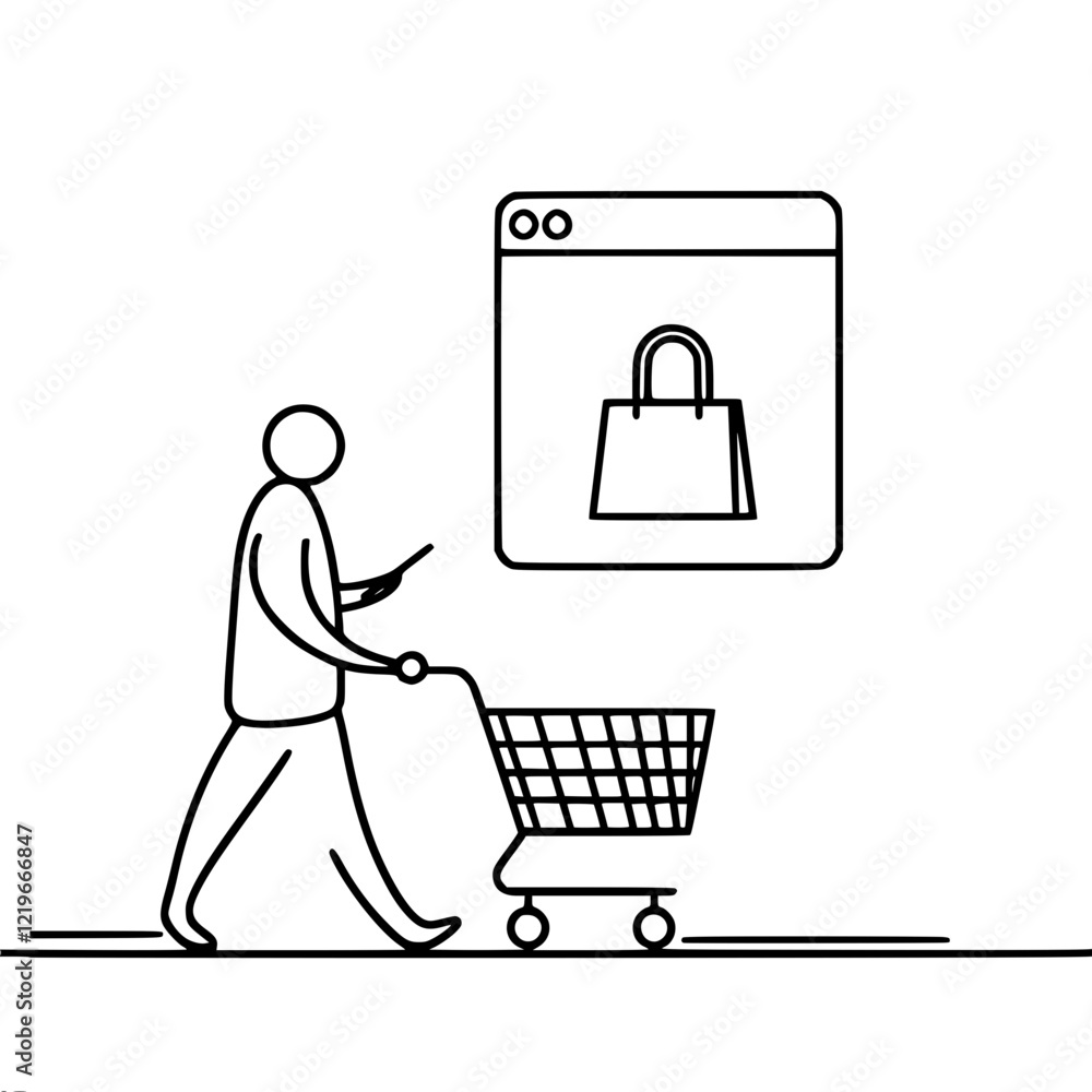 Poster line drawing of a man with a shopping cart and a smartphone on the background of an online store ico