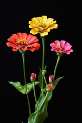 Obraz premium Three colorful flowers in a vase sitting on a black background, perfect for decorative purposes or as a prop in photography