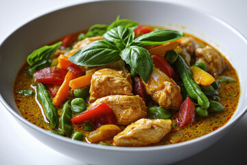 Delightful Thai green curry with chicken and vibrant vegetables served in a bowl
