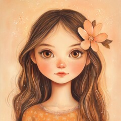 A whimsical girl with large eyes and flowing hair, adorned with a delicate flower. The warm hues and soft details create a charming, serene atmosphere.