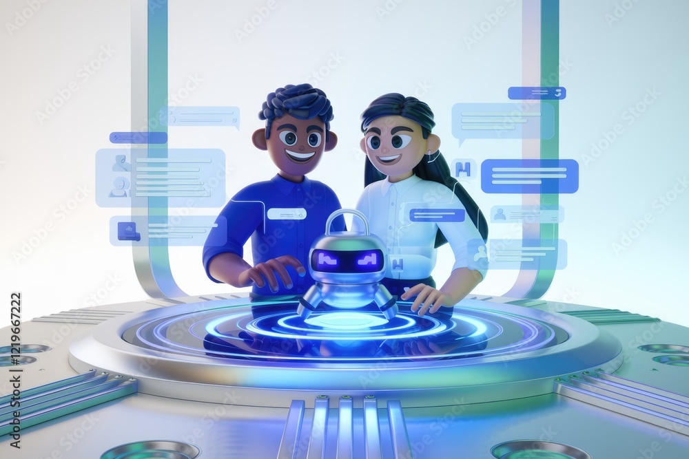 Poster Two cartoon characters interact with a robot, overseeing digital chat messages on a futuristic interface.