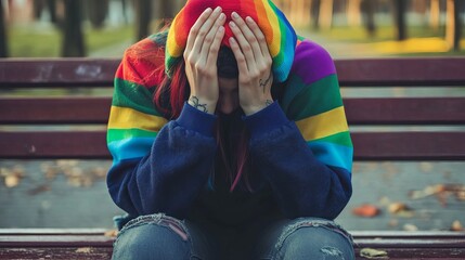 Melancholy LGBTQ+ Woman: Rainbow Tattoo, Emotional Portrait, Sadness, Pride, Self-Expression, Vulnerability, Lesbian, Gay, Bisexual, Transgender,     