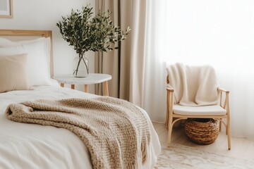 minimalist bedroom styled in soft, neutral tones