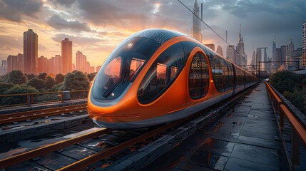 A futuristic electric train with a sleek, eco-friendly design, featuring solar panels on the roof and a streamlined body made from sustainable materials; surrounded by modern green landscapes