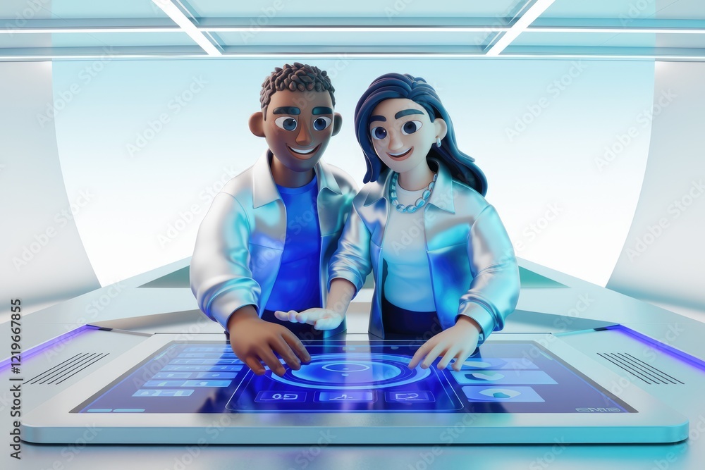 Poster two 3d cartoon characters collaborate on a futuristic touchscreen interface, showcasing teamwork and