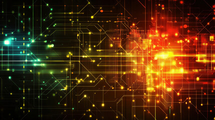 Obraz premium Futuristic technology background with circuit board patterns, digital data streams, glowing lines, abstract shapes, and high-tech elements in a vibrant color scheme