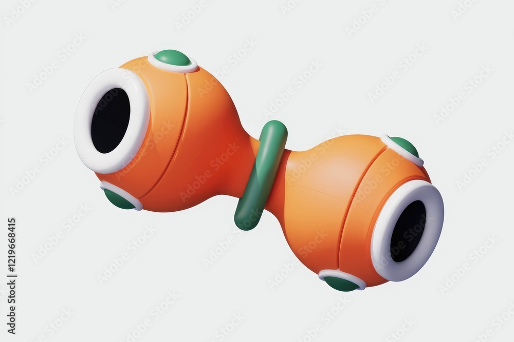 Poster a 3d render of a playful, orange dumbbell-like object with green and white accents.