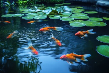 Koi fish swim in pond, lily pads.