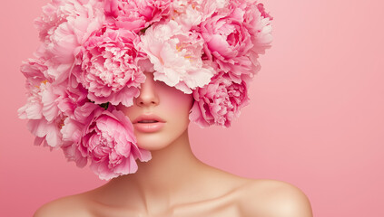 Woman with pink flowers covering her face, peony hair, beauty and cosmetics concept advertising banner, pink background