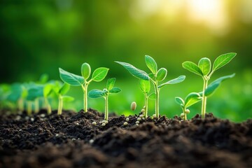 Fototapeta premium Young soybean plants grow in rich soil. Sunlight illuminates fertile ground. Small green plants sprout from seeds. Agriculture concept shows organic farming. Healthy growth evident. Fresh plants show