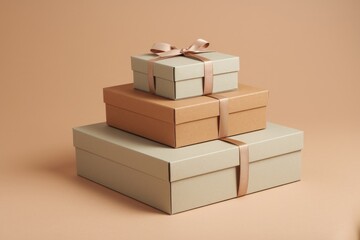 Obraz premium Three elegant gift boxes stacked, tied with rose gold ribbons, on a neutral background.