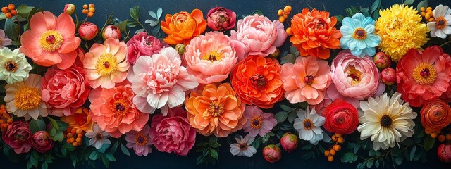 A timeless bouquet of beautiful flowers arranged on a black background. Floral theme. Baroque, vintage aesthetic. Ideal for a natural pattern wallpaper or greeting card