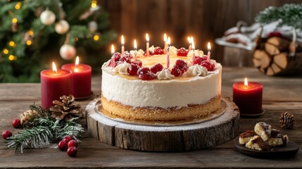 Festive Christmas Cake with Burning Candles
