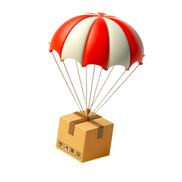 3d Cardboard box with flying parachute icon. Minimal Parcel box or shipment package with hot air balloon. Cargo delivery service, Online Shopping concept with simple white background.