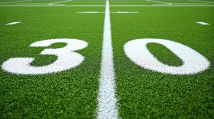 Close-Up View of American Football Field at the Thirty-Yard Line