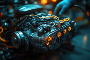Close-up view of a motorcycle engine on a table, suitable for technical or educational use