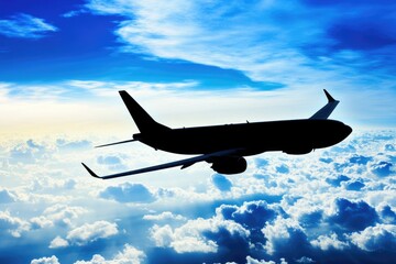 A commercial airliner soaring above the cloud layer, with a vast expanse of blue sky visible beneath