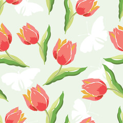 Red tulip flowers, green leaves, white butterfly silhouettes, light background. Vector floral illustration. Seamless pattern. Spring garden nature. Botanical design