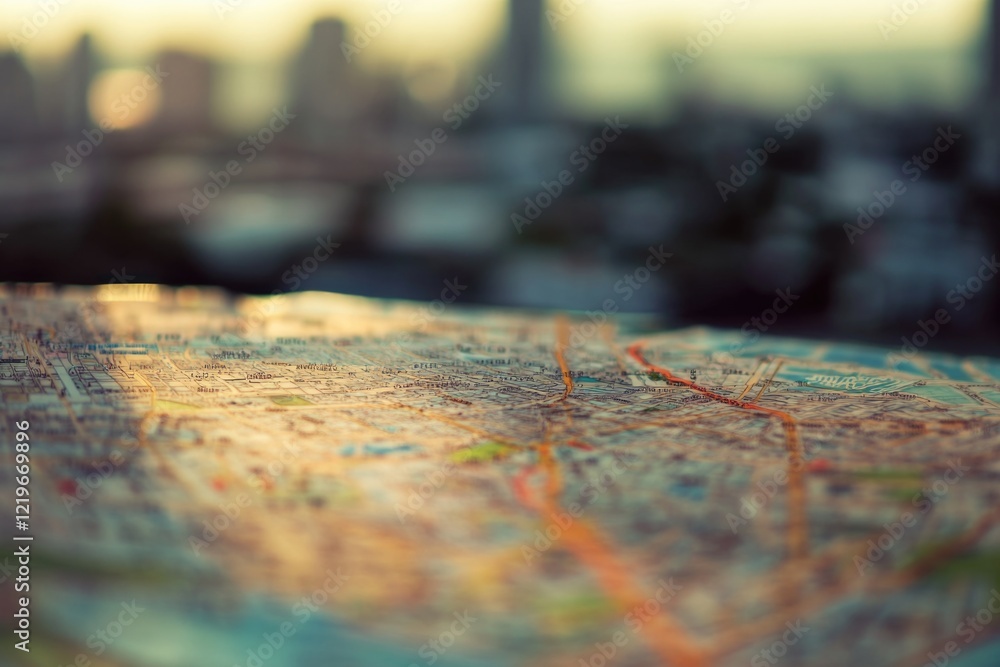 Poster a close-up view of a map on a table with details visible