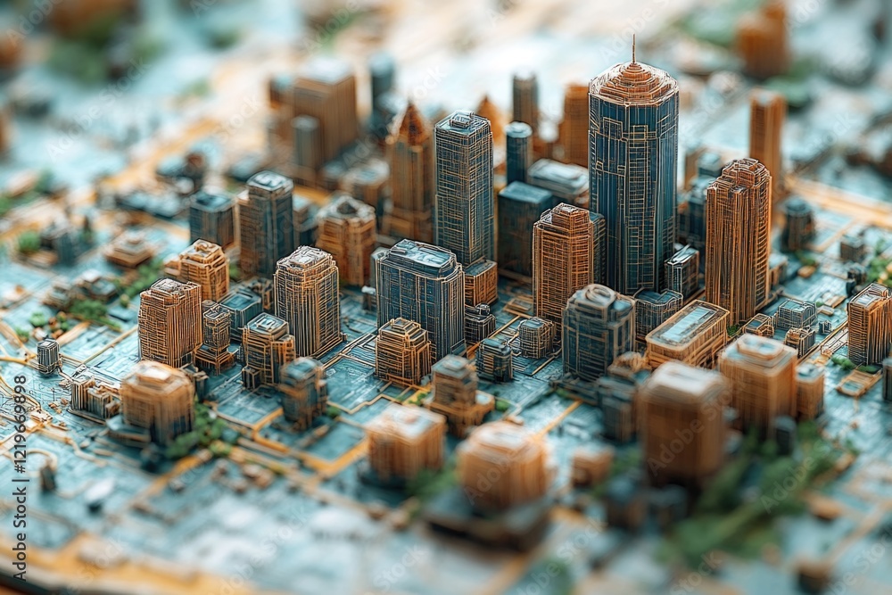 Poster a small-scale model of a city with various buildings and structures, ideal for use in architecture o