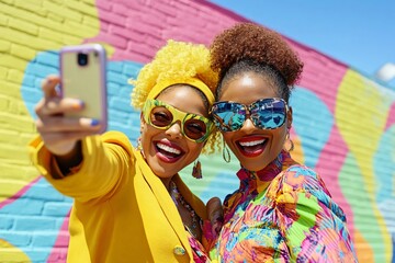 Two women are smiling and taking a selfie with a cell phone. They are wearing sunglasses and one of them is wearing a yellow jacket