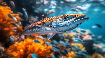 Fototapeta premium A vivid underwater shot of a barracuda hunting in a school of fish