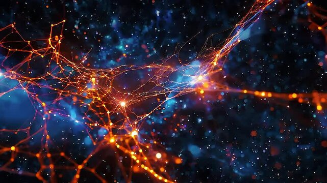 Intricate orange network expanding dynamically through deep cosmic environment, interweaving with luminous blue nebulae and glowing particles forming intricate galactic connection web