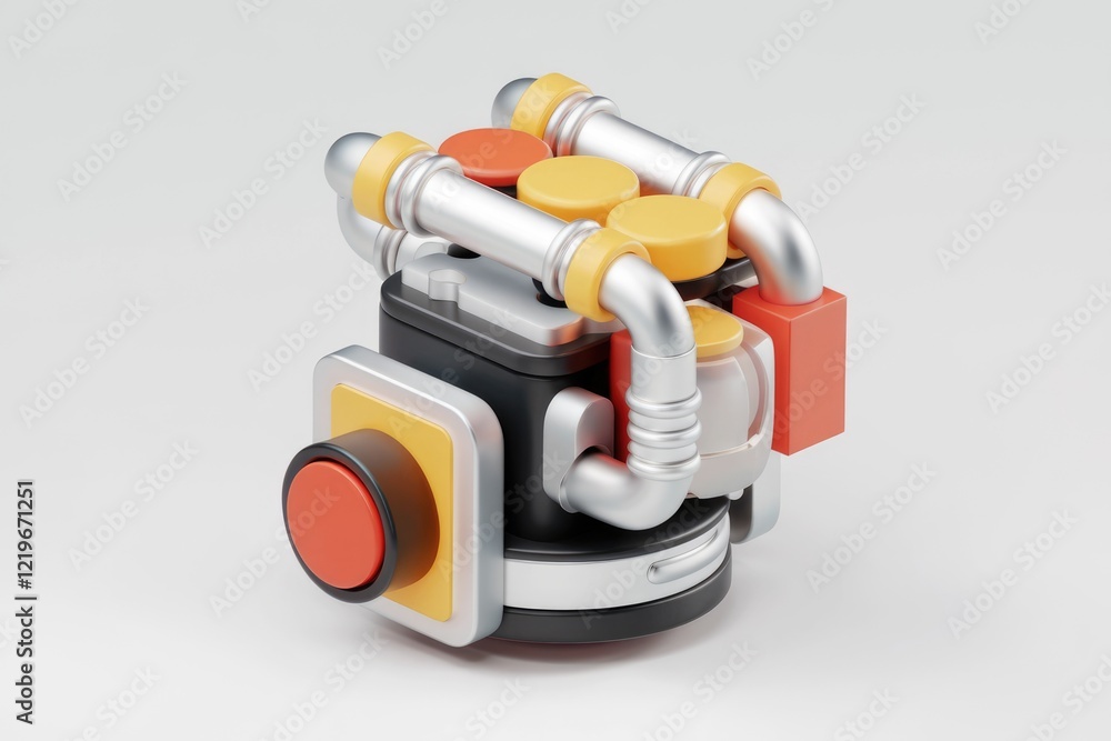 Poster a 3d rendering of a stylized machine with colorful buttons and pipes, suggesting industrial design o