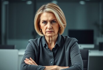 Woman with stern expression, sitting at office desk, blurred background