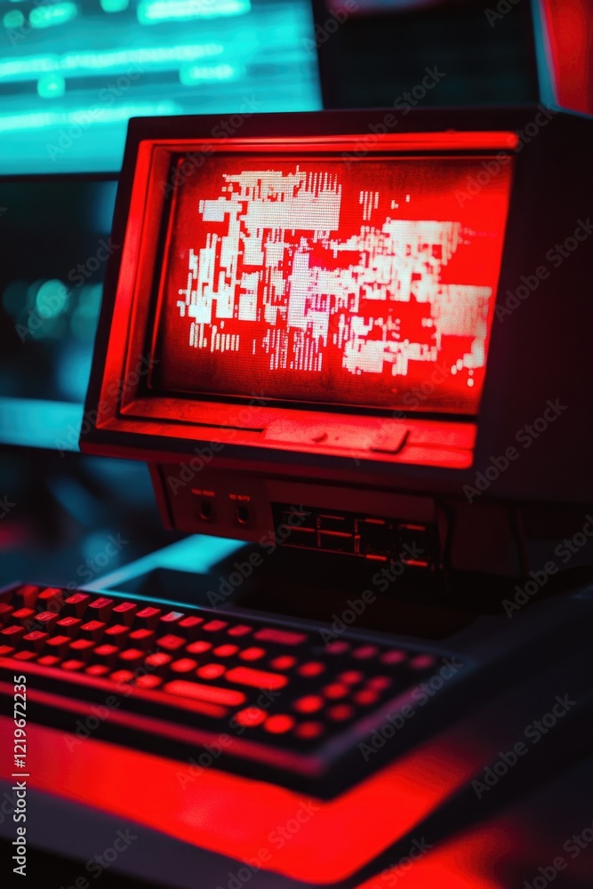 Poster a computer monitor sits on a desk, ready for use