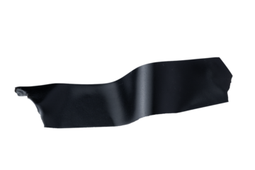 A torn piece of black tape with a wrinkled texture is isolated on a transparent background. The tape appears glossy, flexible, and slightly curled at the edges.

