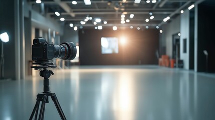 A professional video camera set up in a modern studio, with lighting equipment and a projection screen in the background.