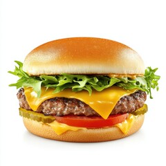 A perfectly grilled cheeseburger with lettuce and tomato, isolated white background, hyperrealism art style