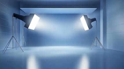 A professional photography studio setup with two large spotlights illuminating an empty blue room, creating a cinematic and futuristic atmosphere.