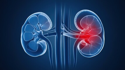 Inflammatory Kidney Disease: 3D Medical Illustration of  Human Kidneys with Red Inflammation Highlighting Infection or Damage