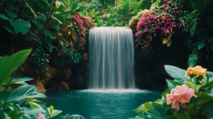 Tranquil waterfall cascading into a serene pool surrounded by lush greenery and blooming flowers. Waterfall Cascade. Illustration