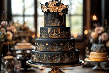 An Art Deco cake with sharp angles and metallic details, set against a luxurious black and gold theme